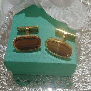 Vintage Sun Eagle Goldtone Men's Oval Cats Eye Brown Stone Cuff Links